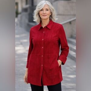 Soft Surroundings Medium Red Faux Suede Snap Shirt Jacket Shacket Western Pocket